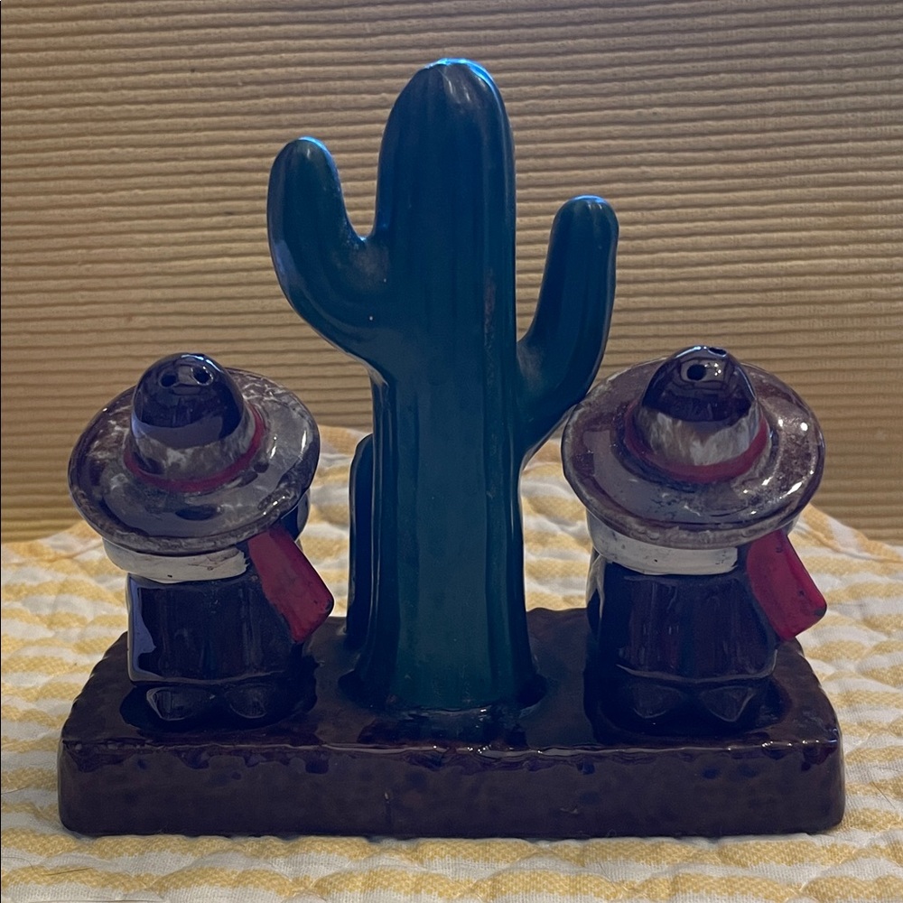 Fun 1970s Ceramic Cactus and Sleeping Mexican Figures Salt & Pepper Shakers
